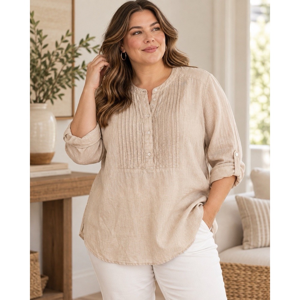 Lane Bryant 18/20 Beige Linen Cotton Pleated Button Front Tunic Blouse Top